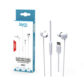 KIT PIETON ECOUTEURS INTRA-AURICULAIRE TYPE-C + TELECOMMANDE + MICRO BLANC - JAYM®
