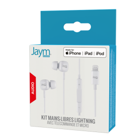 KIT PIETON ECOUTEURS INTRA-AURICULAIRE LIGHTNING (MFI) + TELECOMMANDE + MICRO BLANC - JAYM®**