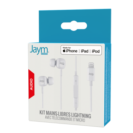 KIT PIETON ECOUTEURS INTRA-AURICULAIRE LIGHTNING (MFI) + TELECOMMANDE + MICRO BLANC - JAYM®**