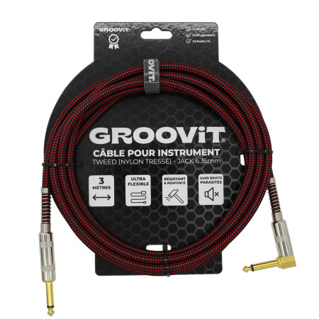 CABLE JACK 6.35 D/C - 3M - NYLON TRESSÉ ROUGE - GROCABLE003 - GROOVIT®