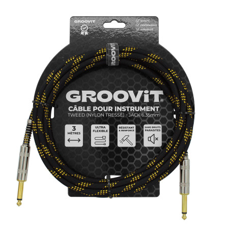 CABLE JACK 6.35 D/D - 3M - NYLON TRESSÉ NOIR & OR - GROCABLE007 - GROOVIT®