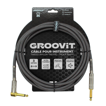 CABLE JACK 6.35 D/C - 3M - NYLON TRESSÉ GRIS - GROCABLE010 - GROOVIT®