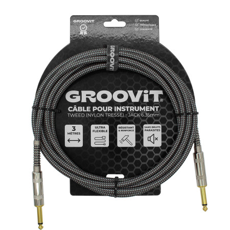 CABLE JACK 6.35 D/D - 3M - NYLON TRESSÉ GRIS - GROCABLE009 - GROOVIT®