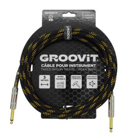 CABLE JACK 6.35 D/D - 6M - NYLON TRESSÉ NOIR & OR - GROCABLE017 - GROOVIT®