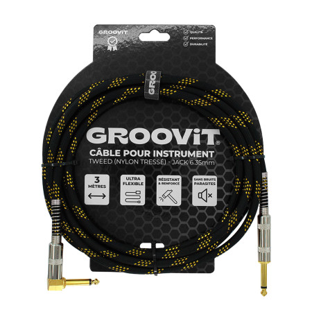 CABLE JACK 6.35 D/C - 6M - NYLON TRESSÉ NOIR & OR - GROCABLE018 - GROOVIT®