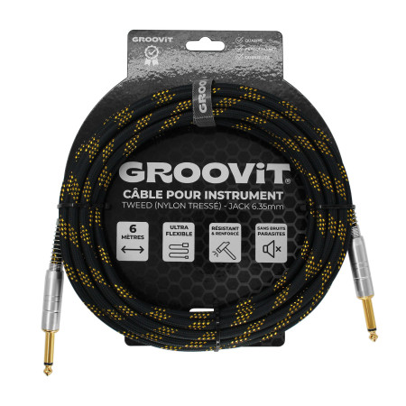 CABLE JACK 6.35 D/D - 6M - NYLON TRESSÉ NOIR & OR - GROCABLE017 - GROOVIT®