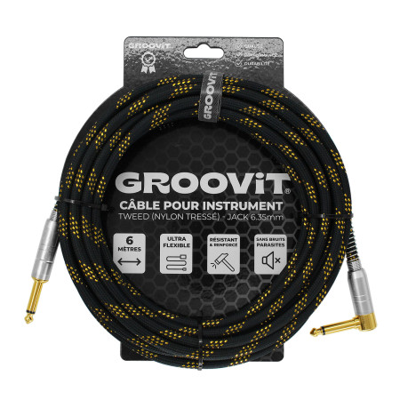 CABLE JACK 6.35 D/C - 6M - NYLON TRESSÉ NOIR & OR - GROCABLE018 - GROOVIT®
